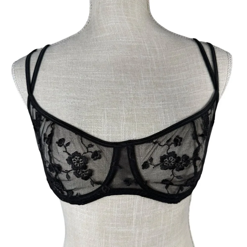 Victoria’s Secret Black Sexy Sheer Lace Embroidered Balconette Underwire Bra